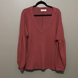 Red V-Neck Waffle Knit Sweater with Balloon Sleeves